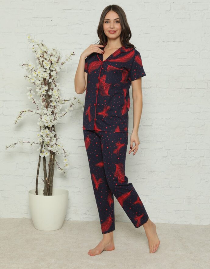 Boydan Düğmeli Pamuk Pijama Takımı