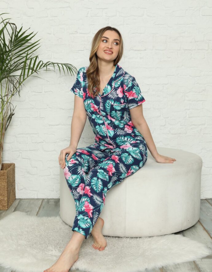 Boydan Düğmeli Pamuk Pijama Takımı